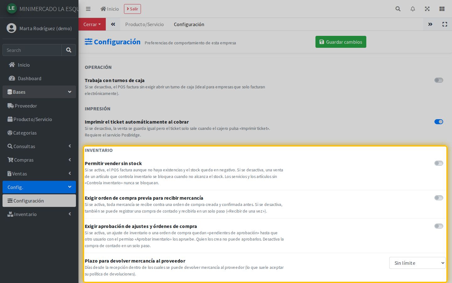 Config. › Configuración: el grupo Inventario con las reglas de la empresa.