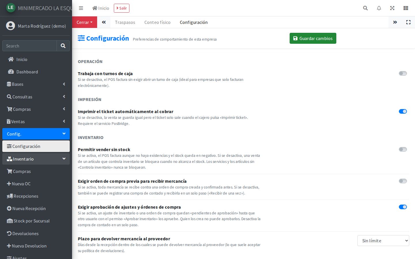 Config. › Configuración: «Exigir aprobación de ajustes y órdenes de compra».
