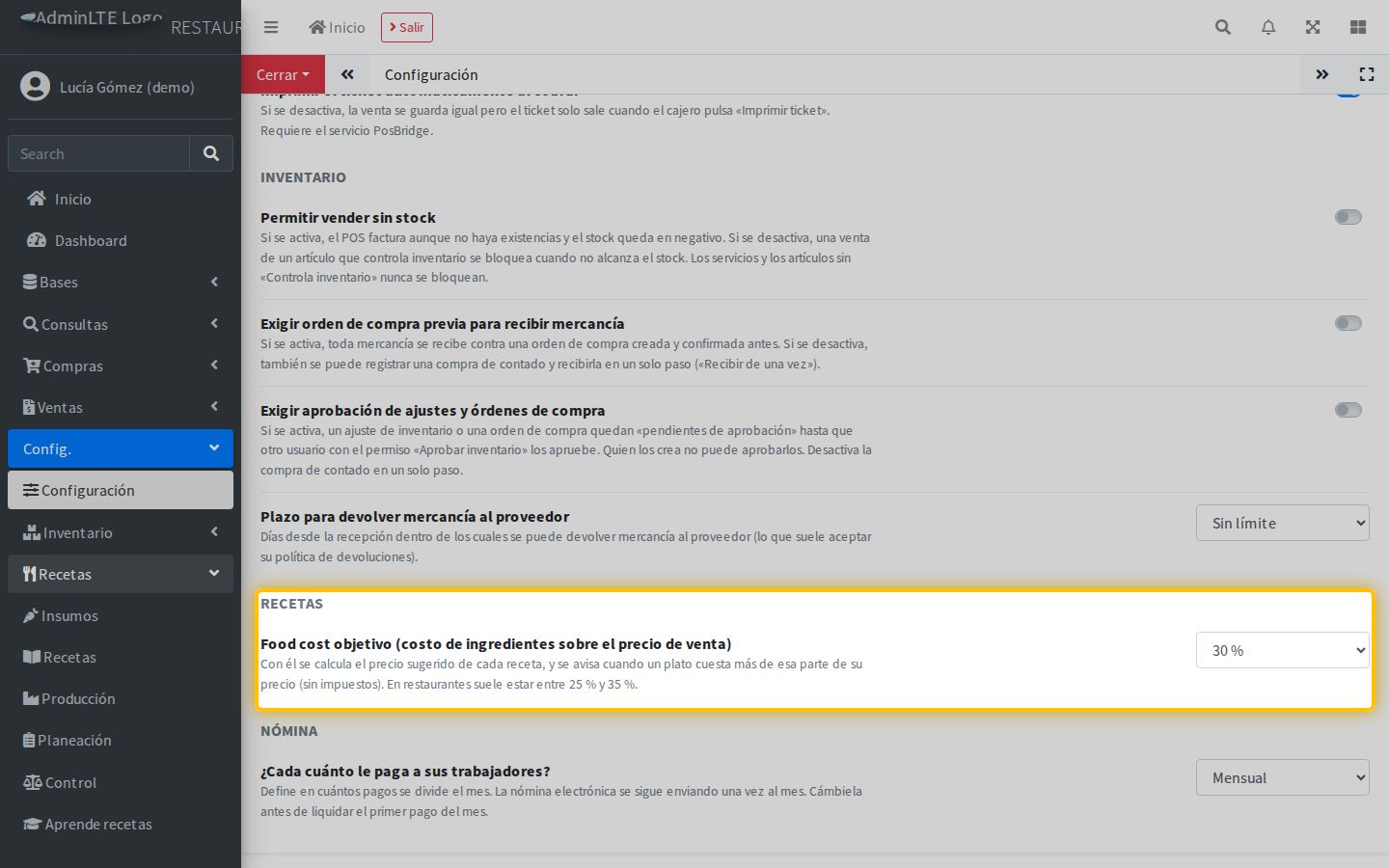 Config. › Configuración, grupo Recetas: el food cost objetivo de la empresa.
