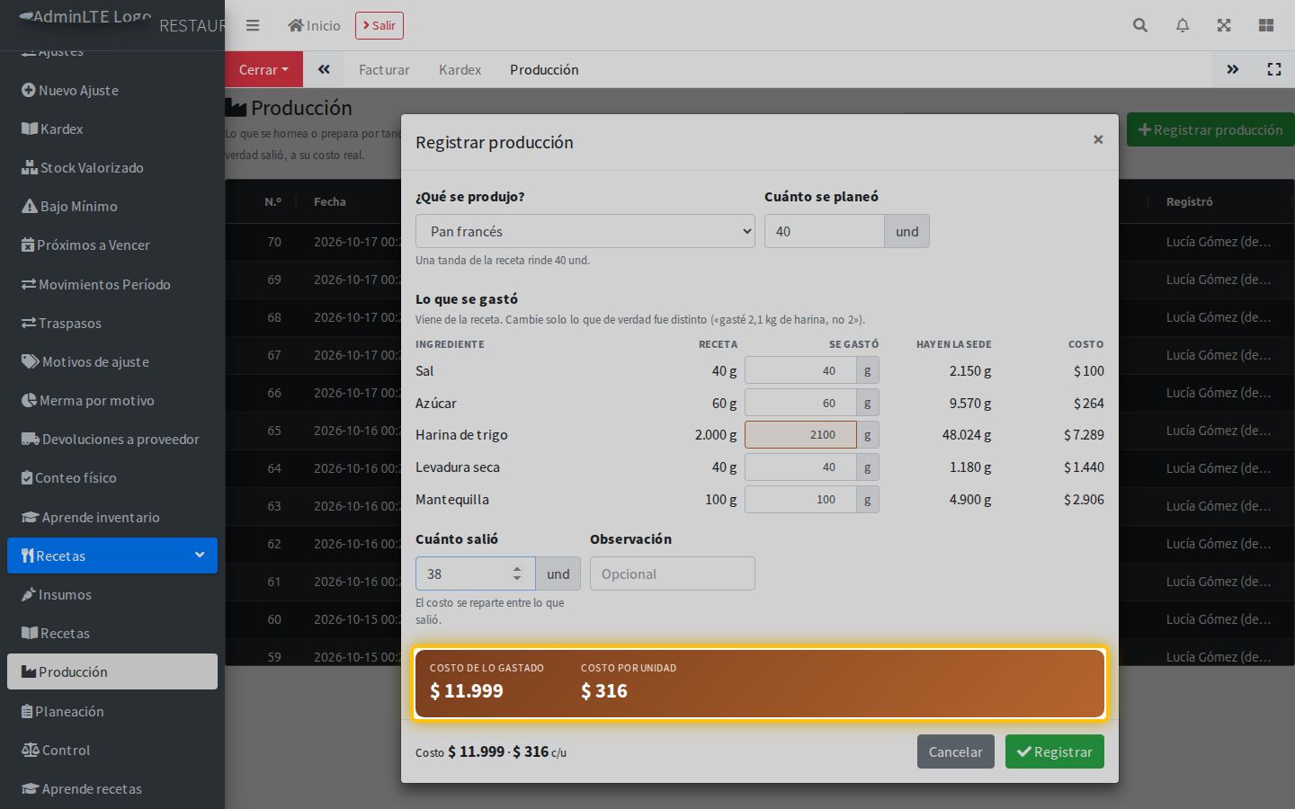 Registrar producción: lo que se gastó viene de la receta y se corrige; el costo se reparte entre lo que salió.